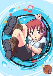 Rule 34 | 1girl, absurdres, bike shorts, black shorts, blue background, blue eyes, bonsichi, boots, brown footwear, crop top, female focus, full body, headphones, heart, highres, looking at viewer, lying, musical note, open mouth, original, red hair, shirt, shorts, solo, treble clef, undershirt, white shirt, wire