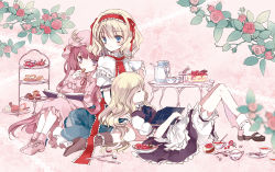 Rule 34 | 3girls, album cover, alice margatroid, apron, bad id, bad pixiv id, black dress, blonde hair, bloomers, blue dress, blue eyes, book, cake, cierra (ra-bit), cookie, cover, crescent, cup, dress, eating, closed eyes, flower, food, hairband, hat, kirisame marisa, lap pillow, leaning on person, lolita hairband, macaron, mary janes, mob cap, multiple girls, no headwear, no headwear, open book, patchouli knowledge, pink dress, purple eyes, purple hair, reading, red flower, red rose, rose, shoes, sitting, sleeping, strawberry shortcake, table, teacup, teapot, tiered tray, touhou, underwear, waist apron