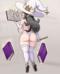 Rule 34 | 1girl, ass, bare shoulders, black hair, blue eyes, book, breasts, commentary, curvy, elbow gloves, floating, floating book, floating object, from behind, full body, gloves, grey background, hat, highres, holding, holding book, huge breasts, long hair, looking at viewer, looking back, nav (itsnav), open book, original, pointy ears, shortstack, simple background, skindentation, solo, thighhighs, white gloves, white hat, white thighhighs, witch hat