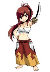 Rule 34 | 1girl, bare shoulders, barefoot, breasts, brown eyes, chest sarashi, chibi, commentary request, erza scarlet, eyes visible through hair, fairy tail, full body, hair between eyes, hakama, hakama pants, hand on own hip, holding, holding sword, holding weapon, japanese clothes, katana, large breasts, long hair, looking at viewer, mashima hiro, midriff, navel, pants, ponytail, red hair, sarashi, simple background, sleeveless, smile, solo, standing, sword, weapon, white background