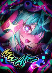 :d aqua_hair blush cellphone chromatic_aberration collar dripping_eye english_text eyepatch hair_between_eyes halftone hatsune_miku heart heart-shaped_pupils highres hokkul holding holding_phone long_hair medical_eyepatch monitoring_(vocaloid) open_collar open_mouth phone pov_peephole psychedelic screentones smartphone smile sound_effects sparkle symbol-shaped_pupils tears very_long_hair white_collar