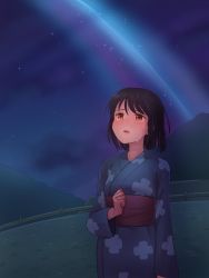Rule 34 | 1girl, absurdres, black hair, blush, breasts, crying, crying with eyes open, highres, japanese clothes, kamille (vcx68), kimi no na wa., kimono, looking away, medium breasts, miyamizu mitsuha, night, night sky, outdoors, parted lips, short hair, sky, solo, star (sky), starry sky, tears, yellow eyes