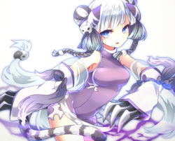 Rule 34 | 1girl, bad id, bad pixiv id, bare shoulders, blue eyes, blush, bow, braid, cat hair ornament, china dress, chinese clothes, claws, dress, hair ornament, haku (p&amp;d), long hair, merlusa, multicolored hair, open mouth, purple bow, purple dress, purple hair, puzzle &amp; dragons, simple background, sleeveless, sleeveless dress, solo, tail, tiger tail, twin braids, two-tone hair, white background, white hair, yin yang