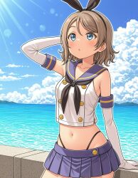 1girl ai-generated blue_sky brown_hair kantai_collection love_live! love_live!_sunshine!! shimakaze_(kancolle) shimakaze_(kancolle)_(cosplay) sky watanabe_you