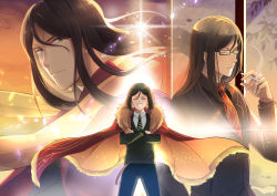 Rule 34 | 1boy, a ching, absurdres, black-framed eyewear, black pants, brown hair, cape, closed eyes, collared shirt, crossed arms, fate/grand order, fate (series), floating hair, fur-trimmed cape, fur trim, glasses, green neckwear, green sweater, grin, hair between eyes, highres, holding, long hair, long sleeves, lord el-melloi ii, multiple views, necktie, outdoors, pants, parted lips, rectangular eyewear, red cape, red neckwear, shirt, smile, standing, striped neckwear, sweater, very long hair, waver velvet, white shirt, wing collar