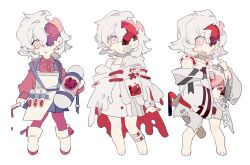 Rule 34 | 1girl, albino, apron, bandaid, bandaid on face, bare legs, bare shoulders, barefoot, blood, blood bag, blue skirt, boots, chibi, coat, collared shirt, cracked skin, creature, exposed brain, glowing, glowing eye, highres, holding, holding test tube, holding vial, holstered, itokenaikei, mannequin, miniskirt, multiple views, nurse, one-eyed, original, red shirt, red thighhighs, shirt, short hair, skirt, syringe gun, test tube, thighhighs, white apron, white background, white coat, white hair, wrist cuffs