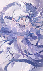 Rule 34 | 1girl, blue dress, blue eyes, blue hair, commentary, dress, flower, full body, hair flower, hair ornament, hatsune miku, high heels, jellyfish, liquid, long hair, looking at viewer, mamenomoto, outstretched arm, petals, purple flower, ribbon, smile, solo, thighhighs, twintails, very long hair, vocaloid, white thighhighs