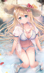 Rule 34 | 1girl, arm support, barefoot, bikini, bikini under clothes, blonde hair, blurry, blurry foreground, breasts, brown hat, cleavage, closed mouth, collarbone, commentary request, depth of field, flower, frilled bikini, frills, green eyes, hair between eyes, hat, hat flower, highres, inagaki minami, long hair, medium breasts, open clothes, open shirt, petals, petals on liquid, plaid, plaid bikini, puffy short sleeves, puffy sleeves, red flower, see-through, shallow water, shirt, short sleeves, side-tie bikini bottom, sitting, smile, solo, sousouman, straw hat, swimsuit, twinbox school, very long hair, water, wet, wet clothes, wet shirt, white shirt, yellow flower