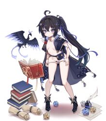 Rule 34 | 1girl, ahoge, black footwear, black hair, blush, book, boshi (a-ieba), bow, breasts, commission, crystal flower, full body, hair bow, hair ornament, highres, long hair, looking at viewer, open clothes, original, panties, ponytail, purple eyes, skeb commission, small breasts, smile, underwear, undressing, white panties