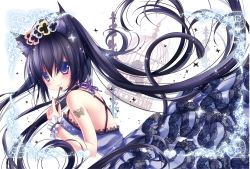 Rule 34 | 1girl, animal ears, back, bad id, bad pixiv id, bare shoulders, bird, birdcage, black hair, blue eyes, blush, breasts, bug, butterfly, cage, cat ears, cat tail, dress, gown, hair between eyes, hair ornament, bug, key, long hair, looking at viewer, medium breasts, mikazuki sara, original, smile, solo, tail, tattoo, wrist cuffs