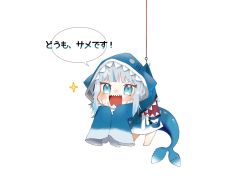 Rule 34 | 1girl, acorn (lakebiwabiwa), animal hood, blue eyes, blue hair, blush, chibi, fins, fish tail, fishing hook, fishing line, gawr gura, hanging, highres, hololive, hololive english, hood, multicolored hair, open mouth, shark hood, shark tail, sharp teeth, silver hair, sleeves past fingers, sleeves past wrists, solo, streaked hair, tail, teeth, translation request, virtual youtuber, white background
