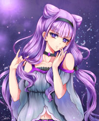 Rule 34 | 10s, 1girl, black hairband, black neckwear, blouse, choker, cone hair bun, double bun, expressionless, hair bun, hairband, hand in own hair, holding, holding own hair, hugtto! precure, long hair, looking at viewer, low-tied long hair, precure, purple background, purple eyes, purple hair, purple theme, ruru amour, shirt, solo, twintails, twirling hair, upper body