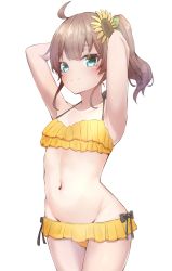 Rule 34 | 1girl, ahoge, aqua eyes, armpits, arms behind head, arms up, bikini, bikini skirt, black bow, blush, bow, bow bikini, brown hair, ciawasemono, closed mouth, collarbone, commentary request, cowboy shot, flower, hair flower, hair ornament, highres, hololive, layered bikini, long hair, looking at viewer, lowleg, lowleg bikini, natsuiro matsuri, natsuiro matsuri (hololive summer 2019), navel, one-piece tan, ponytail, simple background, smile, solo, stomach, sunflower, sunflower hair ornament, swimsuit, tan, tanline, virtual youtuber, white background, yellow bikini, yellow flower