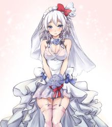 Rule 34 | 1girl, alternate costume, amagi (amagi626), bare arms, bare shoulders, black bow, blue eyes, blue flower, blue ribbon, blue rose, blush, bouquet, bow, braid, breasts, bridal veil, cleavage, commentary request, dress, floral print, flower, garter straps, gradient background, hair bow, hair ribbon, highres, holding, holding bouquet, holding flower, izayoi sakuya, large breasts, looking at viewer, maid headdress, parted lips, pink background, pink thighhighs, red bow, red ribbon, ribbon, rose, short hair, silver hair, sleeveless, sleeveless dress, solo, sparkle, thighhighs, thighs, touhou, twin braids, veil, wedding dress, white background, white dress, white ribbon