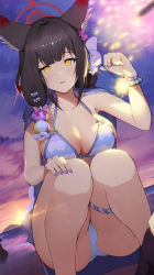 Rule 34 | 1girl, absurdres, animal ears, armpits, bare legs, beach, bead bracelet, beads, bikini, black hair, blue archive, bracelet, breasts, cape, cleavage, collarbone, dusk, fireworks, flower, fox ears, fox girl, hair flower, hair ornament, halo, halterneck, hand up, highres, holding, jewelry, large breasts, long hair, looking at viewer, migu (iws2525), nail polish, outdoors, parted lips, purple nails, slit pupils, solo, sparkler, squatting, strap gap, string bikini, swimsuit, thigh strap, thighs, wakamo (blue archive), wakamo (swimsuit) (blue archive), white bikini, yellow eyes
