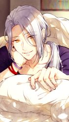 Rule 34 | 1boy, a3!, eyes visible through hair, hair over one eye, long hair, lying, male focus, on stomach, parted lips, pillow, ponytail, pov, solo, twitter username, under covers, white hair, yellow eyes, yukishiro azuma