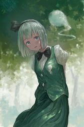 Rule 34 | 1girl, arms behind back, black hairband, blue eyes, blurry, bow, bowtie, depth of field, faux traditional media, fjsmu, forest, green skirt, green vest, hairband, happy, head tilt, highres, hitodama, konpaku youmu, konpaku youmu (ghost), looking at viewer, nature, puffy short sleeves, puffy sleeves, short hair, short sleeves, silver hair, skirt, skirt set, smile, solo, touhou, tree, vest
