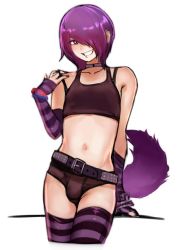 Rule 34 | 1boy, 2n5, black nails, bulge, earrings, fingerless gloves, gloves, hair over one eye, jewelry, male focus, mikel-kun, nail polish, navel, piercing, purple hair, simple background, smile, solo, striped clothes, striped thighhighs, thighhighs, trap, white background