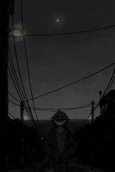 Rule 34 | 1girl, absurdres, closed mouth, dark, hair ornament, hairclip, hands in pockets, highres, jacket, long sleeves, looking at viewer, night, night sky, open clothes, open jacket, original, outdoors, power lines, shirt, short hair, sky, solo, star (sky), sweater vest, uniunimikan, utility pole