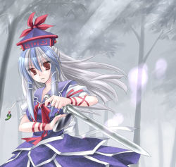 Rule 34 | 1girl, asahina, female focus, hat, kamishirasawa keine, multicolored hair, ribbon, solo, sword, touhou, weapon