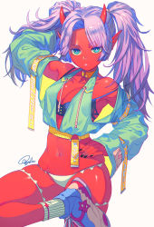 Rule 34 | 1girl, aqua eyes, armpits, black nails, colored sclera, colored skin, contemporary, gyaru, hand on own hip, highres, horns, leg ribbon, long hair, looking at viewer, nail polish, navel, navel piercing, oni, original, parted bangs, piercing, pointy ears, purple hair, red oni, red skin, ribbon, simple background, socks, solo, standing, standing on one leg, tajima yukie, thigh ribbon, twintails, v-shaped eyebrows, white background, yellow sclera