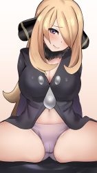 Rule 34 | 1girl, absurdres, benten (ioj3446), black coat, blonde hair, breasts, cameltoe, cleavage, closed mouth, coat, commentary request, creatures (company), cynthia (pokemon), eyelashes, fur collar, game freak, hair ornament, hair over one eye, highres, long hair, looking at viewer, navel, nintendo, panties, pokemon, pokemon dppt, purple eyes, purple panties, raised eyebrows, sitting, smile, solo, spread legs, underwear