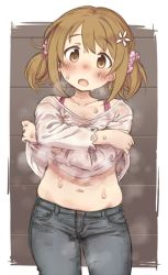 Rule 34 | 10s, 1girl, 7010, alternate hairstyle, bad id, bad tumblr id, belly, blush, brown eyes, brown hair, clothes lift, cowboy shot, denim, flower, hair flower, hair ornament, hair scrunchie, hot, idolmaster, idolmaster cinderella girls, jeans, lifted by self, looking at viewer, mimura kanako, muffin top, navel, open mouth, pants, plump, polka dot, scrunchie, shirt lift, short hair, short twintails, solo, sweat, twintails, undressing