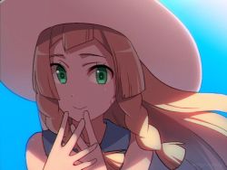 Rule 34 | 1girl, bad id, bad twitter id, blonde hair, blue sky, blunt bangs, closed mouth, collared dress, creatures (company), day, dress, game freak, green eyes, hat, lillie (pokemon), long hair, maguro (ma-glo), nintendo, pokemon, pokemon sm, sky, sleeveless, sleeveless dress, smile, solo, sundress, twitter username, upper body, white dress, white hat