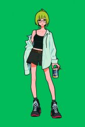 Rule 34 | 1girl, absurdres, black camisole, black footwear, black shorts, camisole, can, commission, full body, glasses, green background, green eyes, green hair, green pupils, green theme, highres, holding, holding can, long sleeves, looking at viewer, medium hair, miyoshi yoshimi, off shoulder, open mouth, original, ponytail, shirt, shoes, shorts, simple background, skeb commission, solo, standing, white shirt