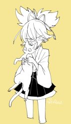 Rule 34 | 10s, 1boy, cat, cropped legs, holding, japanese clothes, l hakase, looking at viewer, lowres, male focus, monochrome, sayo samonji, simple background, solo, touken ranbu, yellow background, yellow theme