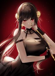Rule 34 | 1girl, absurdres, bare shoulders, black dress, black gloves, black hair, breasts, brown hair, choker, cleavage, closed mouth, collarbone, commentary, dagger, dorook, dress, dual wielding, earrings, fingerless gloves, flower, gloves, gradient background, hair flower, hair ornament, hairband, highres, holding, holding weapon, jewelry, knife, large breasts, light particles, long hair, looking at viewer, pale skin, red background, red eyes, revision, rose, simple background, sleeveless, sleeveless dress, smile, spy x family, upper body, weapon, yor briar