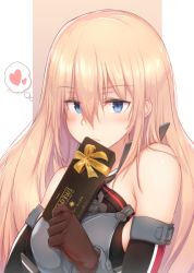 Rule 34 | 1girl, anchor, bare shoulders, bismarck (kancolle), blonde hair, blue eyes, blush, bow, box, box of chocolates, breasts, brown gloves, closed mouth, detached sleeves, gift, gloves, hair between eyes, heart, highres, holding, holding gift, kantai collection, long hair, long sleeves, looking at viewer, medium breasts, no headwear, osterei, sideboob, solo, thought bubble, upper body, yellow bow