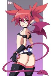 Rule 34 | 1girl, :p, armlet, artist name, ass, bare shoulders, bigdead, black gloves, boots, border, bracelet, breasts, choker, closed mouth, cowboy shot, demon girl, demon tail, demon wings, disgaea, disgaea d2, earrings, elbow gloves, etna (disgaea), from behind, gloves, gradient background, hair between eyes, highres, jewelry, matching hair/eyes, midriff, pointy ears, purple background, red eyes, red hair, red thighhighs, shiny clothes, short shorts, shorts, skull earrings, slit pupils, small breasts, solo, strapless, tail, thigh boots, thighhighs, tongue, tongue out, tube top, twintails, white border, wings