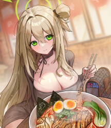 Rule 34 | 1girl, absurdres, blue archive, blush, breasts, chopsticks, cleavage, closed mouth, collarbone, dongtan dress, dress, food, green eyes, green halo, grey dress, hair between eyes, halo, highres, holding, holding chopsticks, hovaku, large breasts, light brown hair, long hair, long sleeves, meme attire, nonomi (blue archive), noodles, ramen, smile, solo