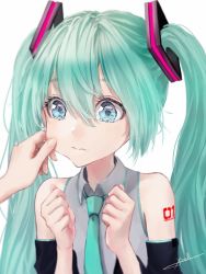 Rule 34 | 1girl, absurdres, aqua hair, aqua necktie, bare shoulders, black sleeves, blue eyes, cheek pinching, clenched hands, closed eyes, commentary, detached sleeves, grey shirt, hair ornament, hands up, hatsune miku, highres, long hair, necktie, ojay tkym, pinching, shirt, shoulder tattoo, sleeveless, sleeveless shirt, tattoo, tears, twintails, upper body, very long hair, vocaloid, white background