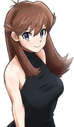 Rule 34 | 1girl, bare shoulders, black dress, blue eyes, blush, breasts, brown hair, closed mouth, creatures (company), dress, game freak, green (pokemon), happy, long hair, looking at viewer, medium breasts, nakaba, nintendo, pokemon, pokemon rgby, simple background, sleeveless, sleeveless dress, smile, white background