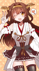 Rule 34 | 10s, 1girl, ahoge, brown eyes, brown hair, double bun, hairband, headgear, heart, japanese clothes, kantai collection, kongou (kancolle), long hair, n-mix, nontraditional miko, one eye closed, open mouth, simple background, smile, solo, v