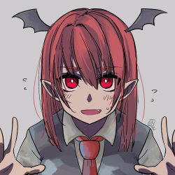 Rule 34 | 1girl, :d, bright pupils, collared shirt, fang, flying sweatdrops, grey background, grey vest, hair between eyes, hands up, head wings, koakuma, long hair, looking at viewer, maccha (matcha69), necktie, nervous smile, open mouth, pointy ears, red eyes, red hair, red necktie, shirt, signature, simple background, smile, solo, sweat, touhou, upper body, vest, white pupils, white shirt, wings