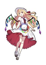 Rule 34 | 1girl, absurdres, blonde hair, commentary, commission, crystal, dress, eighteenetzel, english commentary, flandre scarlet, fruit hat ornament, fusion, hat, highres, hinanawi tenshi, leaf, light blush, long hair, looking at viewer, mary janes, multicolored wings, necktie, open mouth, peach hat ornament, pixiv commission, puffy short sleeves, puffy sleeves, purple necktie, red eyes, shoes, short sleeves, simple background, skirt hold, smile, socks, solo, touhou, very long hair, white background, white dress, white hat, wings