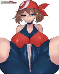 Rule 34 | 1girl, blue eyes, breasts, brown hair, cameltoe, cleft of venus, covered erect nipples, creatures (company), game freak, girlsay, highres, large breasts, may (pokemon), nintendo, pokemon, pokemon rse, sitting, spread legs, thick thighs, thighs, wide hips