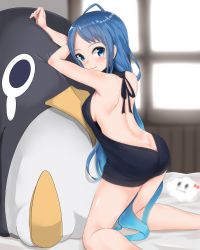 Rule 34 | 10s, 1girl, ahoge, alternate costume, ass, back, backless dress, backless outfit, bare back, bare shoulders, bed sheet, black dress, black sweater, blue eyes, blue hair, blush stickers, breasts, butt crack, closed mouth, cowboy shot, dimples of venus, dress, failure penguin, female focus, fingernails, from behind, gradient hair, halterneck, highres, instant (ioarthus), kantai collection, kneeling, legs apart, long hair, looking at viewer, looking back, medium breasts, meme attire, multicolored hair, naked sweater, no bra, no panties, on bed, revision, ribbed sweater, samidare (kancolle), shoulder blades, sideboob, sleeveless, sleeveless turtleneck, smile, solo, sweater, sweater dress, turtleneck, turtleneck sweater, very long hair, virgin killer sweater