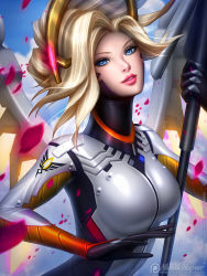 Rule 34 | 1girl, armor, artist name, blonde hair, blue eyes, blue sky, blush, bodysuit, breasts, brown legwear, cherry blossoms, cloud, cowboy shot, emblem, eyelashes, eyeliner, eyeshadow, faulds, glowing, glowing wings, hair tie, halo, high ponytail, highres, holding, holding staff, looking at viewer, makeup, marker (medium), mechanical halo, mechanical wings, medium breasts, mercy (overwatch), michelle hoefener, nose, outdoors, overwatch, overwatch 1, parted lips, patreon username, pelvic curtain, petals, pink lips, signature, sky, smile, solo, spread wings, staff, traditional media, wings, yellow wings