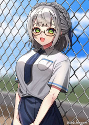 Rule 34 | 1girl, absurdres, artist name, bad id, bad pixiv id, bespectacled, black skirt, blue necktie, blue ribbon, blush, braid, breast pocket, breasts, commentary request, cowboy shot, fence, glasses, green eyes, hair ribbon, highres, hololive, large breasts, necktie, open mouth, pocket, pure (berrypure), ribbon, school uniform, shirogane noel, short hair, short sleeves, skirt, smile, solo, uniform, virtual youtuber, white skirt