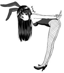 Rule 34 | 10s, 1girl, animal ears, bent over, breasts, chitanda eru, fake animal ears, female focus, fishnet pantyhose, fishnets, full body, greyscale, high heels, hyouka, leotard, long hair, looking at viewer, monochrome, pantyhose, playboy bunny, rabbit ears, simple background, smile, solo, translation request, white background, zaxwu