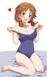 Rule 34 | 1girl, bare legs, bare shoulders, barefoot, blue one-piece swimsuit, blush, breasts, brown eyes, brown hair, cleavage, collarbone, dot nose, earrings, eggman (pixiv28975023), floating hair, foreshortening, glint, hands up, heart, highres, idolmaster, idolmaster cinderella girls, jewelry, katagiri sanae, looking at viewer, low twintails, medium hair, one-piece swimsuit, open mouth, parted bangs, pulling own clothes, school swimsuit, shiny skin, simple background, sitting, smile, solo, star (symbol), star earrings, strap pull, swimsuit, thighs, twintails, wariza, white background