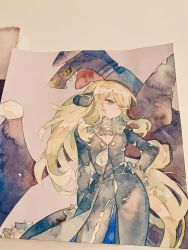 Rule 34 | 1girl, black coat, black pants, blonde hair, closed mouth, coat, commentary request, creatures (company), cynthia (pokemon), eyelashes, floating hair, fur-trimmed coat, fur collar, fur trim, game freak, garchomp, gen 4 pokemon, grey eyes, hair ornament, hand on own hip, highres, long hair, long sleeves, looking to the side, nintendo, oharu-chan, painting (medium), pants, photo (medium), pokemon, pokemon (creature), pokemon dppt, traditional media, watercolor (medium)