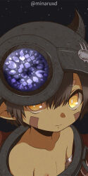 Rule 34 | 1boy, :i, aura, black background, blackcat (blackcatbox), brown hair, cape, child, close-up, closed mouth, collarbone, facial mark, facial tattoo, fake horns, hair between eyes, helmet, horned headwear, horned helmet, horns, looking at viewer, made in abyss, male focus, mechanical arms, neck, night, night sky, nipples, patterned, pointy ears, red cape, regu (made in abyss), robot, scratched, scratches, simple background, sky, slit pupils, solo, star (sky), tattoo, topless male, v-shaped eyebrows, yellow eyes