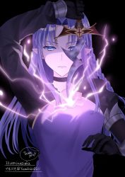 Rule 34 | 1girl, absurdres, artist name, black background, black gloves, braid, breasts, choker, commentary, cowboy shot, energy, english commentary, english text, expressionless, fate/stay night, fate (series), genshin impact, gloves, highres, human scabbard, illuminatima, long hair, looking at viewer, medea (fate), medium breasts, pointy ears, purple eyes, purple hair, raiden shogun, rulebreaker, shaded face, side braid, solo, thank you, twitter username, upper body