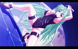 Rule 34 | 1girl, breasts, bursting breasts, cameltoe, cleavage, front zipper swimsuit, gloves, green eyes, green hair, highres, large breasts, letterboxed, lindy harlaown, long hair, lyrical nanoha, meme attire, one-piece swimsuit, on one knee, swimsuit, tappa (esperanza)