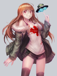 Rule 34 | 10s, 1girl, ahoge, blood, blood splatter, breasts, cleavage, fur trim, glasses, headphones, jacket, long hair, looking at viewer, md5 mismatch, necronomicon (persona 5), off-shoulder shirt, omoti (1201208), orange hair, persona, persona 5, red eyes, sakura futaba, shirt, shorts, simple background, smile, solo, thighhighs, ufo